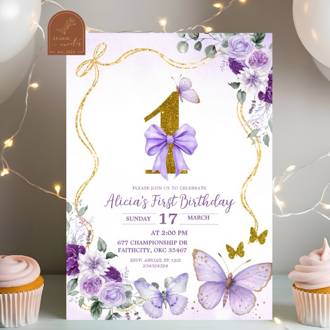 Bow Coquette Purple Butterfly First Birthday Einladung (Von Creator hochgeladen)