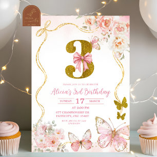 Bow Coquette Rosa Schmetterling Dritter Geburtstag Einladung