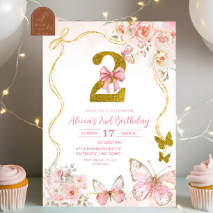 Bow Coquette Rosa Schmetterling Zweiter Geburtstag Einladung