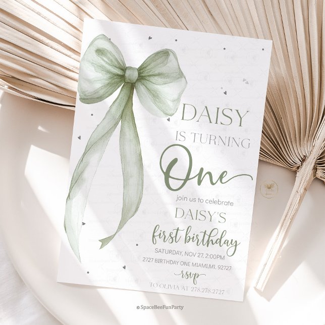 Bow Coquette Sage 1. Geburtstag  Einladung (Bow Coquette Birthday Invitation )