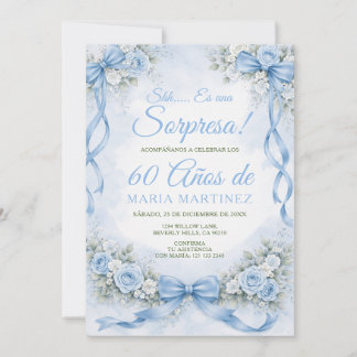 Bow Dusty Blue Floral Sorpresa 60 Jahre Geburtstag Einladung
