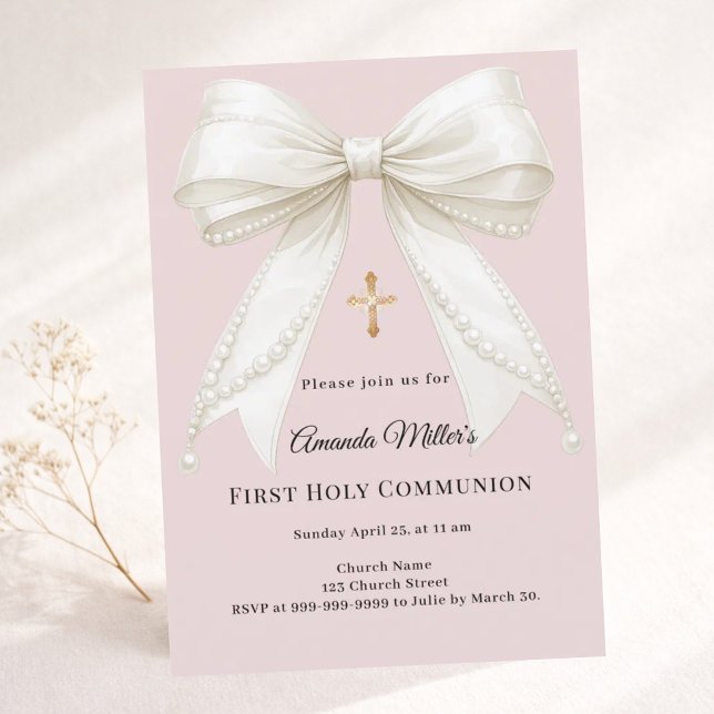 Bow dusty blush pink ivory pearls First Communion Einladung (Von Creator hochgeladen)