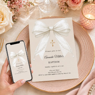 Bow Elfenbein Beige Perlen Mädchen Elegant Taufe Einladung