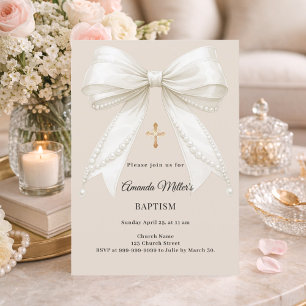 Bow Elfenbein Beige Perlen Mädchen Elegant Taufe Einladung