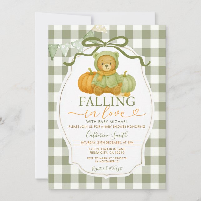 Bow Fall in Liebe Bear Pumpkin Baby Dusche Gingham Einladung (Vorderseite)