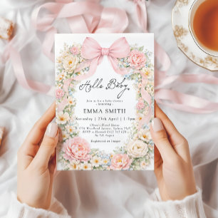 Bow Floral Blush Rosa Kokette Mädchen Baby Shower Einladung