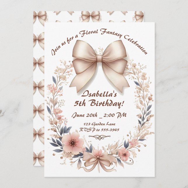 Bow Floral Extravagant Geburtstagsfeier Einladung (Vorne/Hinten)