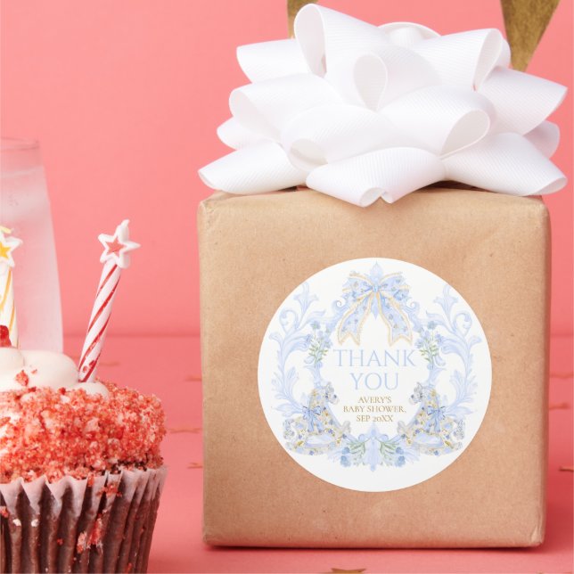 Bow Floral Wappen Rustic Blue Boy Baby Dusche Runder Aufkleber (Party)