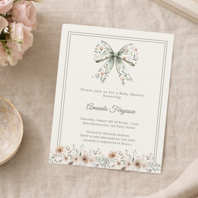 Bow florals green ivory Baby Shower invitation (Von Creator hochgeladen)