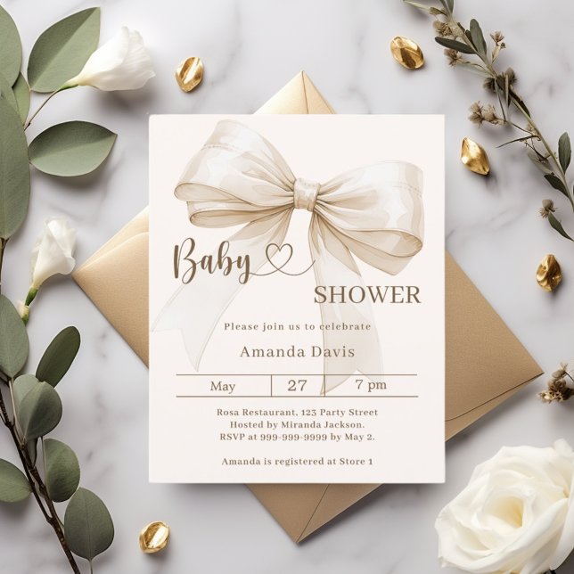 Bow gender neutral beige Baby Shower invitation (Von Creator hochgeladen)