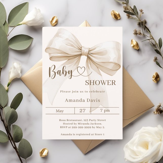 Bow gender neutral beige cream Baby Shower Einladung (Von Creator hochgeladen)