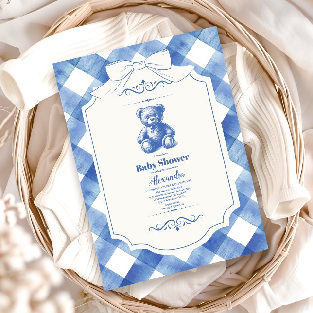 Bow Gingham French Teddy Bear Baby Shower Einladung (Von Creator hochgeladen)
