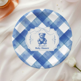 Bow Gingham French Teddy Bear Baby Shower Pappteller