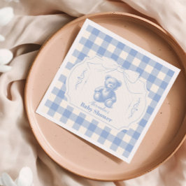 Bow Gingham French Teddy Bear Baby Shower Serviette