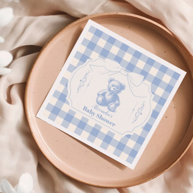 Bow Gingham French Teddy Bear Baby Shower Serviette (Von Creator hochgeladen)