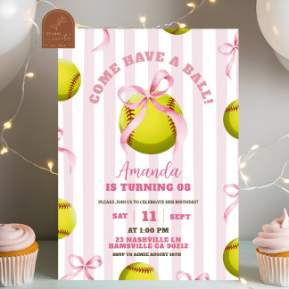 Bow Girl Softball Geburtstagsspielzeit Einladung