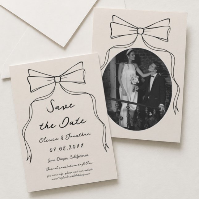 Bow Hand Drawn Wedding Save the Date Foto Einladung (Von Creator hochgeladen)