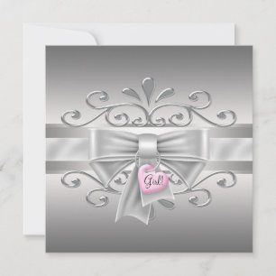 Bow Heart Charm Pink Silver Baby Girl Dusche Einladung