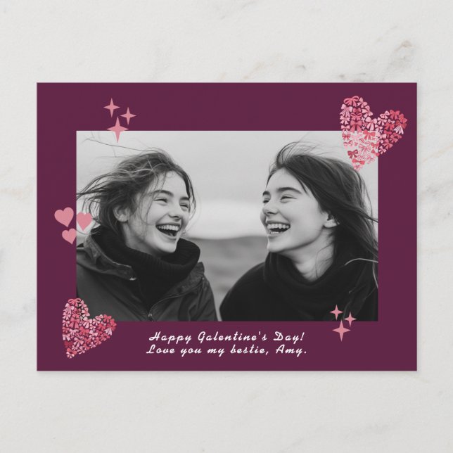 Bow Hearts Galentine's Day Custom Foto & Text Postkarte (Vorderseite)