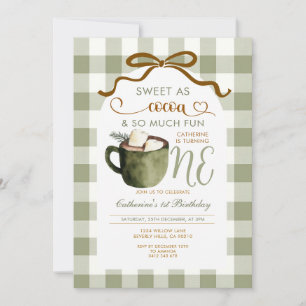 Bow Hot Cocoa 1. Geburtstag Sage Green Gingham Einladung