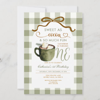 Bow Hot Cocoa 1. Geburtstag Sage Green Gingham Einladung