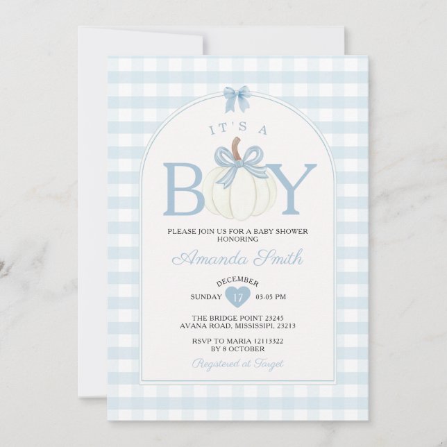 Bow It's A Boy Pumpkin Baby Shower Blue Gingham Einladung (Vorderseite)