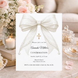 Bow ivory pearls girl Confirmation invitation
