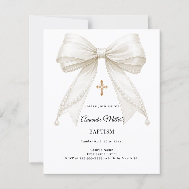 Bow Ivory Pearls Girl Elegant Baptism invitation (Vorderseite)