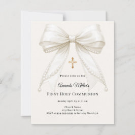 Bow ivory pearls girl First Communion invitation