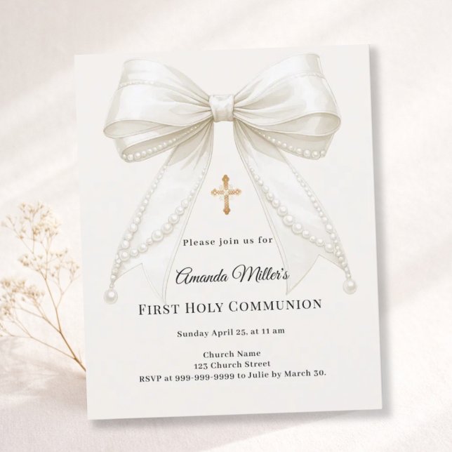 Bow ivory pearls girl First Communion invitation (Von Creator hochgeladen)