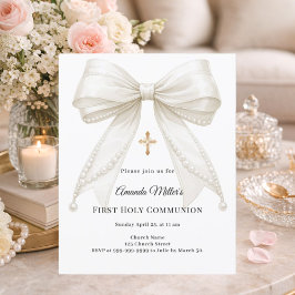 Bow ivory pearls girl First Communion invitation