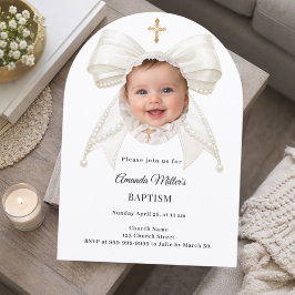 Bow Ivory Pearls Photo Girl Elegant Baptism Arch Einladung