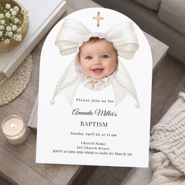 Bow Ivory Pearls Photo Girl Elegant Baptism Arch Einladung (Von Creator hochgeladen)