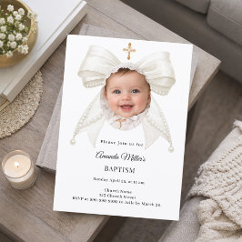 Bow Ivory Pearls Photo Girl Elegant Baptism Einladung