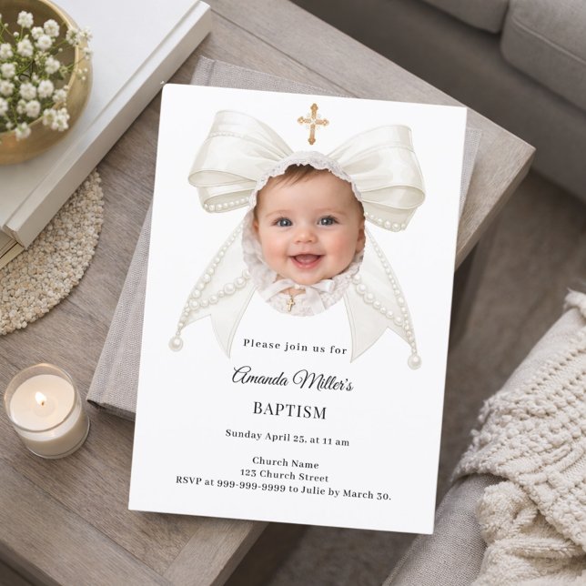 Bow Ivory Pearls Photo Girl Elegant Baptism Einladung (Von Creator hochgeladen)