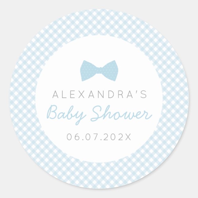 Bow Krawatte Blue Gingham Babydusche Runder Aufkleber (Vorderseite)