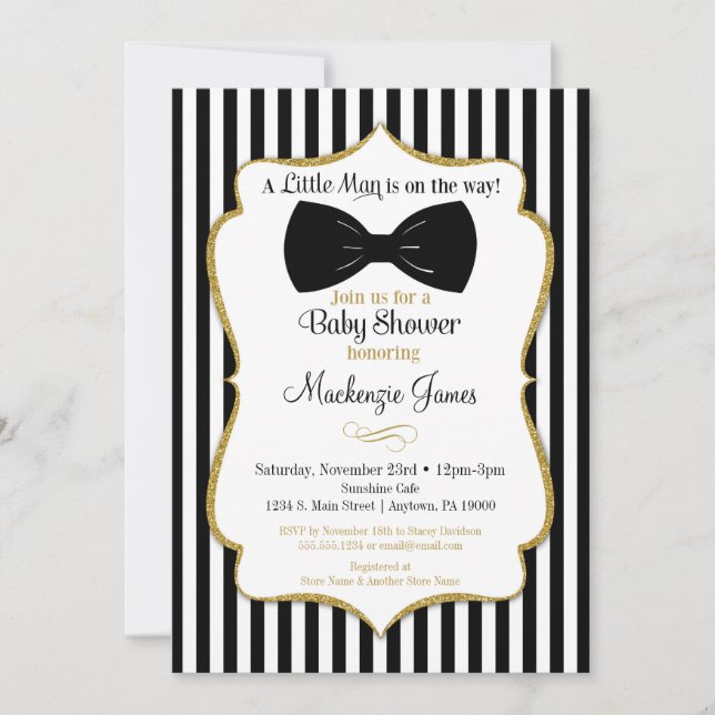 Bow Krawatte Boy Baby Shower Einladung Black Gold (Vorderseite)