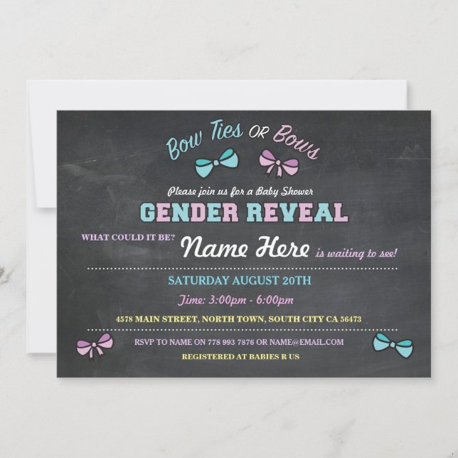 Bow-Krawatte oder Bows Gender Reveal Baby Dusche e Einladung (Vorderseite)