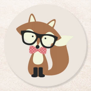 Bow Krawatte und Brille Hipster Brown Fox Runder Pappuntersetzer