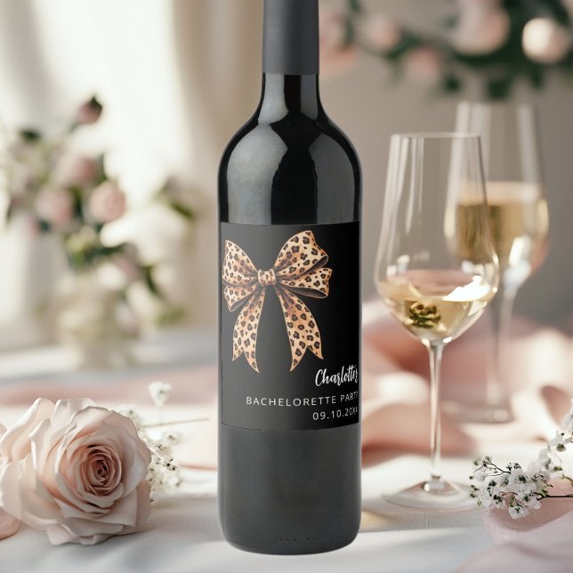 Bow Leopard drucken schwarzen Junggeselinnen-Absch Weinetikett (Von Creator hochgeladen)