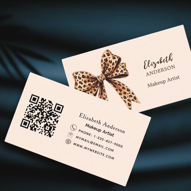 Bow Leopard Druckpfirsich braun qr Code Visitenkarte (Von Creator hochgeladen)