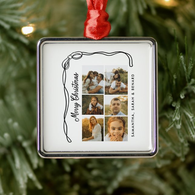 Bow Merry Christmas Family 6 Photos Ornament Aus Metall (Baum)