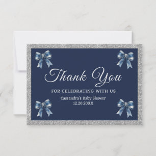 Bow Navy Blau Silber Glitter Babyparty Gast Dankeskarte