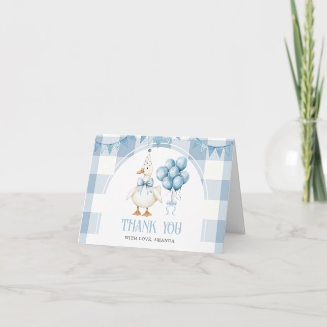 Bow One Silly Goose 1st Birthday Blue Gingham Dankeskarte (Vorderseite)