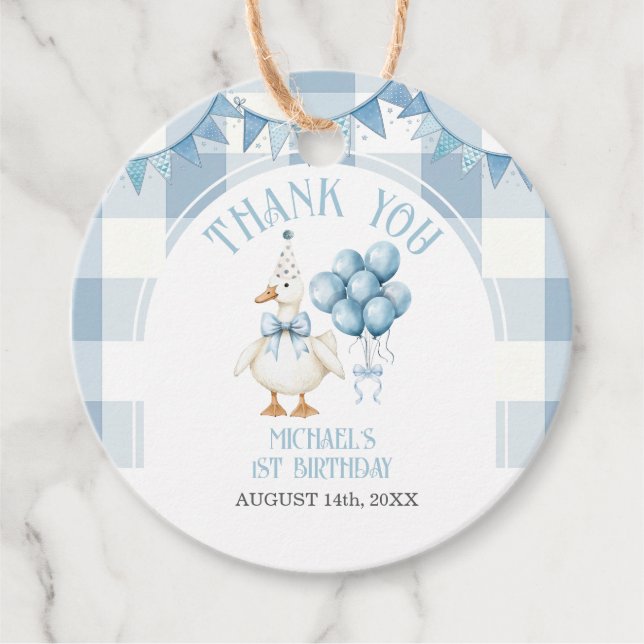 Bow One Silly Goose 1st Birthday Blue Gingham Geschenkanhänger (Vorderseite)