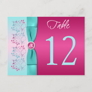 BOW Pink, Aqua Floral Tischnummer Card