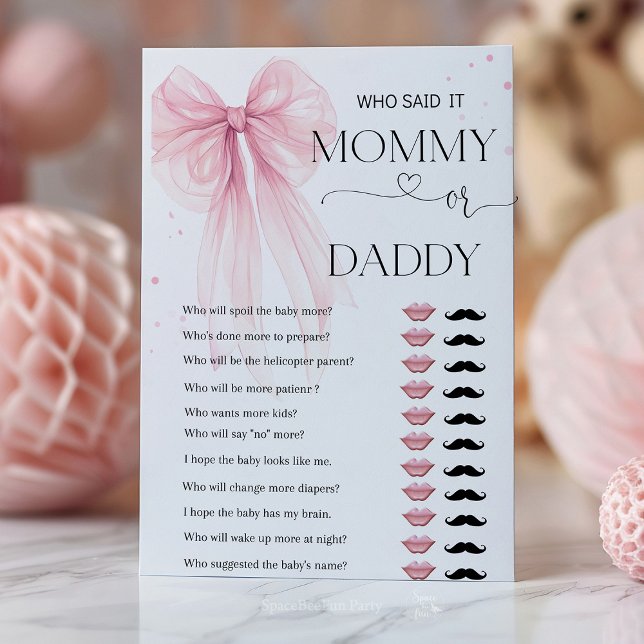 Bow Pink Baby Shower Games personalisieren (Bow Pink Coquette games card, A delicate Bow Pink Coquette baby shower collection featuring soft pin)