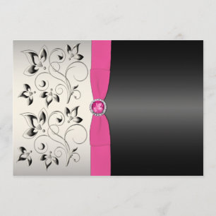 BOW Pink Black Gray Floral Wedite Einladung