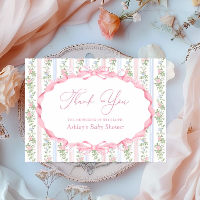 Bow Pink Floral Baby Dusche Vielen Dank Dankeskarte (Von Creator hochgeladen)