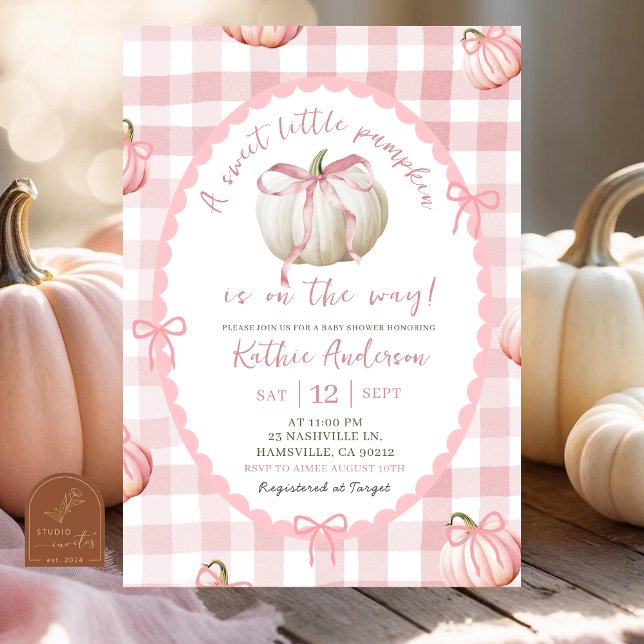 Bow Pink Gingham Pumpkin Baby Shower Einladung (Von Creator hochgeladen)